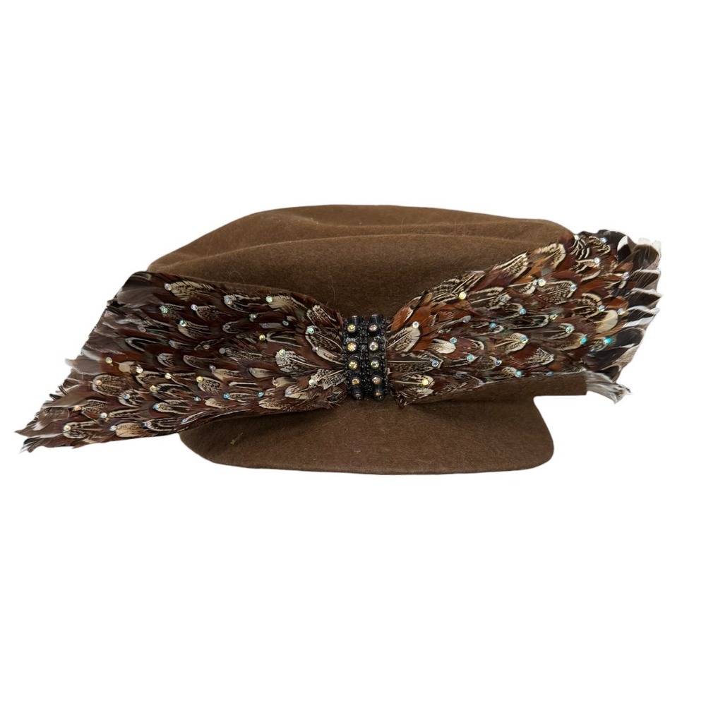 George Zamau'l New York Handmade Coffee Brown Felt Feather Rhinestone Hat 348